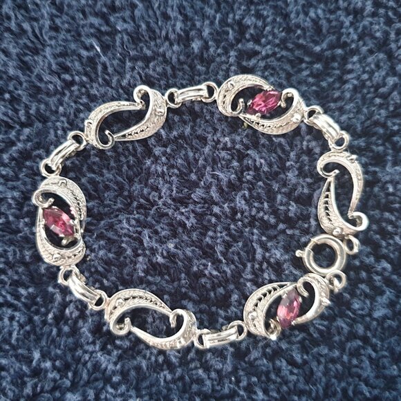 Rare Vintage Filigree Sterling Purple Rhinestone Crystal Art Nouveau Bracelet - Picture 10 of 15